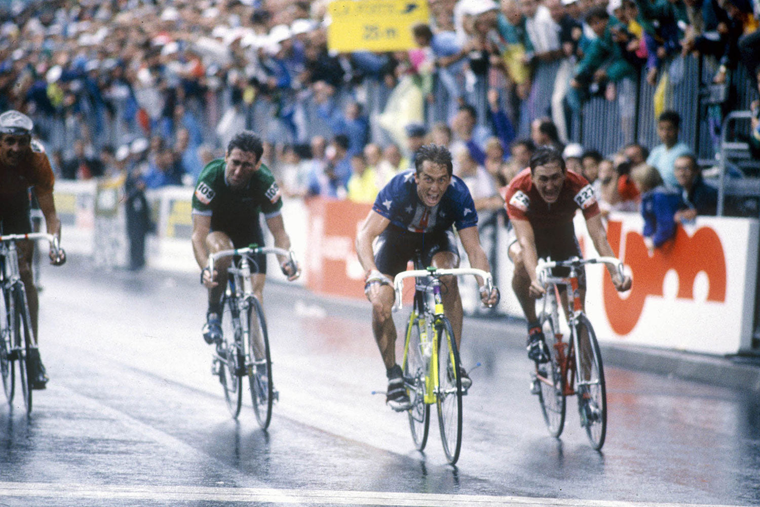 See the incredible delight captured by A. Landrain in Greg Lemond's face having sprinted to victory at the 1989 UCI Road World Championships in Chambéry, France. Photo Credit: Press Sports / L'Equipe.
