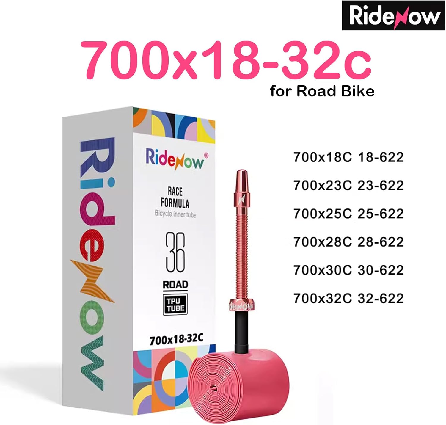 RideNow TPU Inner Tubes. RED Alloy Valve. 700c x 18-32, 45/65/85. 36g