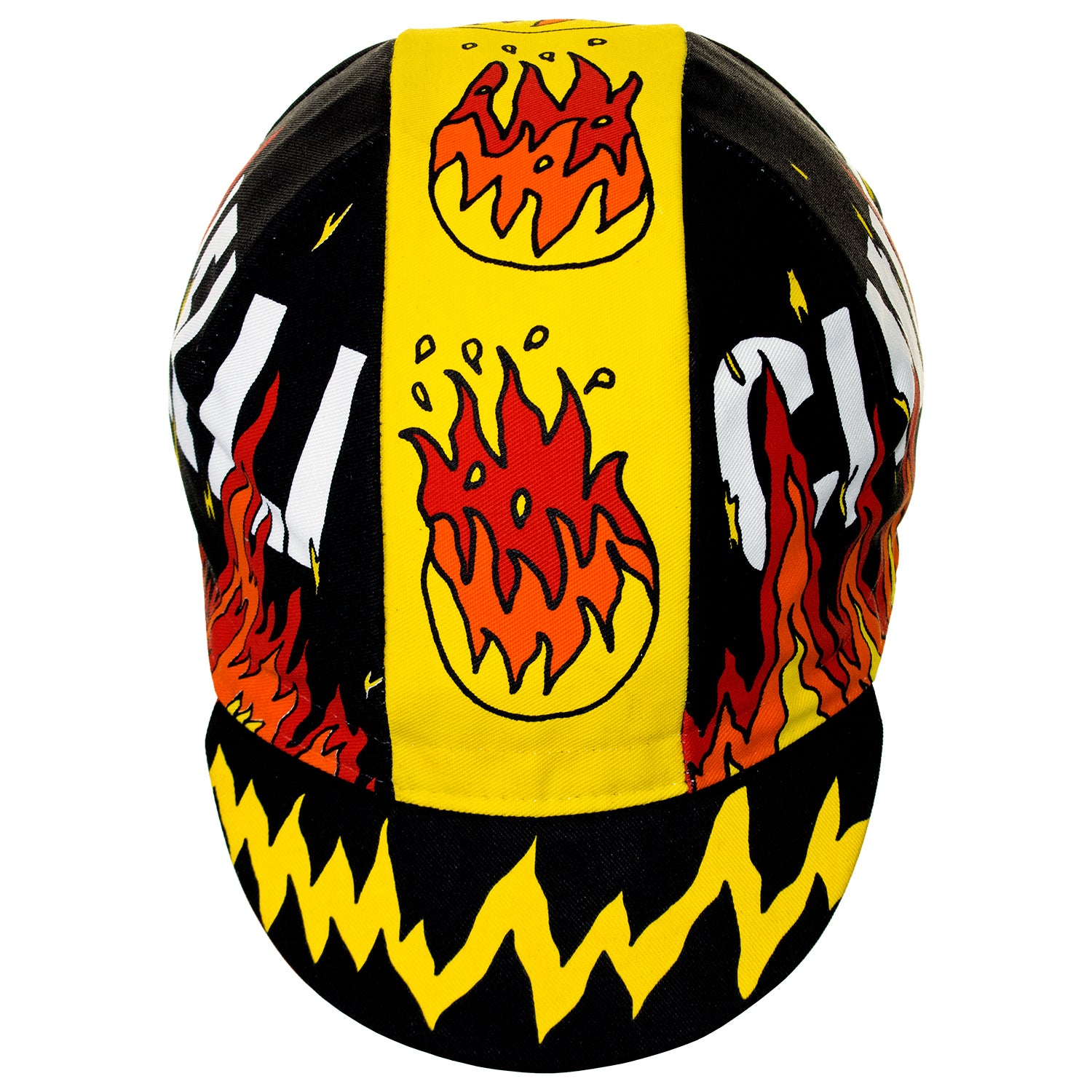Front of the Cinelli Ana Benaroya Fire Cotton Cycling Cap, with a yellow, orange and red central band.