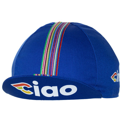 Peak up view of the Cinelli Ciao Blue Cotton Cycling Cap, with the Cinelli-inspired CIAO logo on underside.