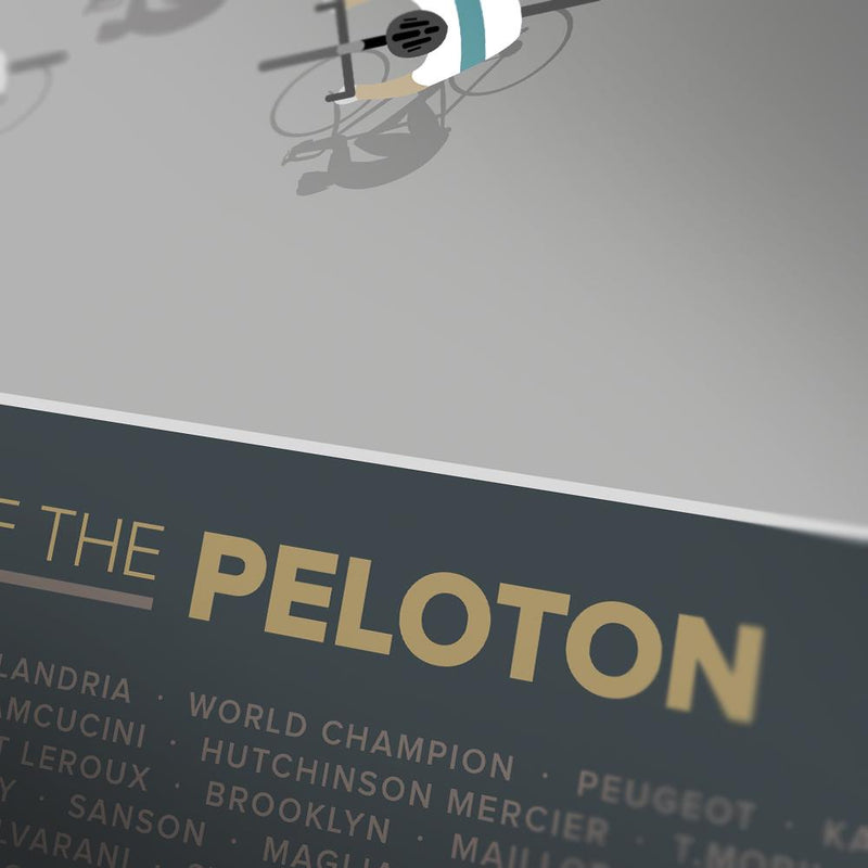 Shirts of the Peloton 2 - Cycling Poster Print featuring iconic retro and contemporary cycling jerseys including Molteni, Peugeot, Mapei, Faema and Bianchi.
