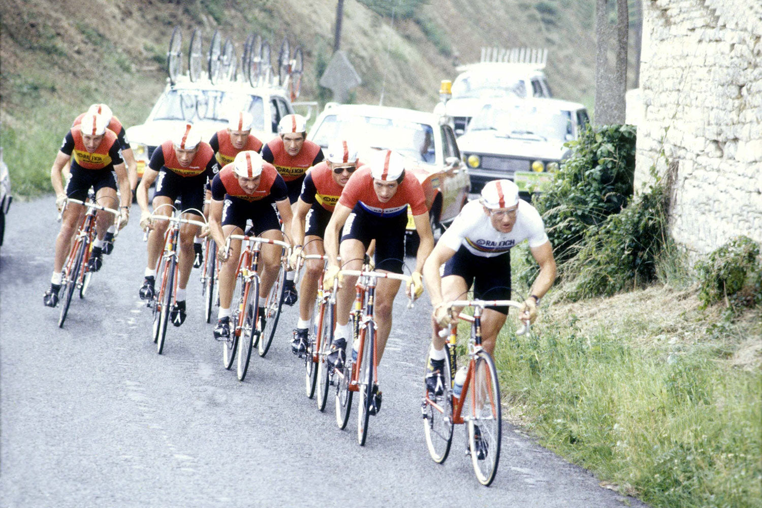 <p>The Raleigh-TI team riding their speciality team time trial at the 1980 Tour de France. The riders are Jan Raas, Johan Van de Velde, Gerrit Knetemann, Paul Wellens, Cees Priem, Bert Oosterbosch, Henk Lubberding and Joop Zoetemelk.