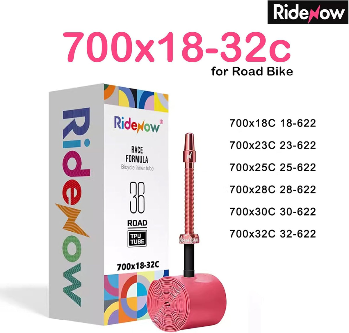 RideNow TPU Inner Tubes. RED Alloy Valve. 700c x 18-32, 45/65/85. 36g