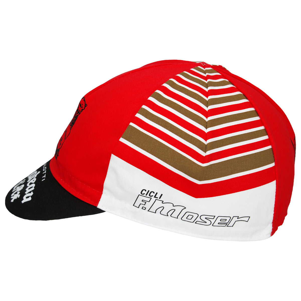 Here you can clearly see the side view of the Chateaux D'Ax Salotti Retro Cotton Cap where you can see the chevrons used plus the F. Moser logo.