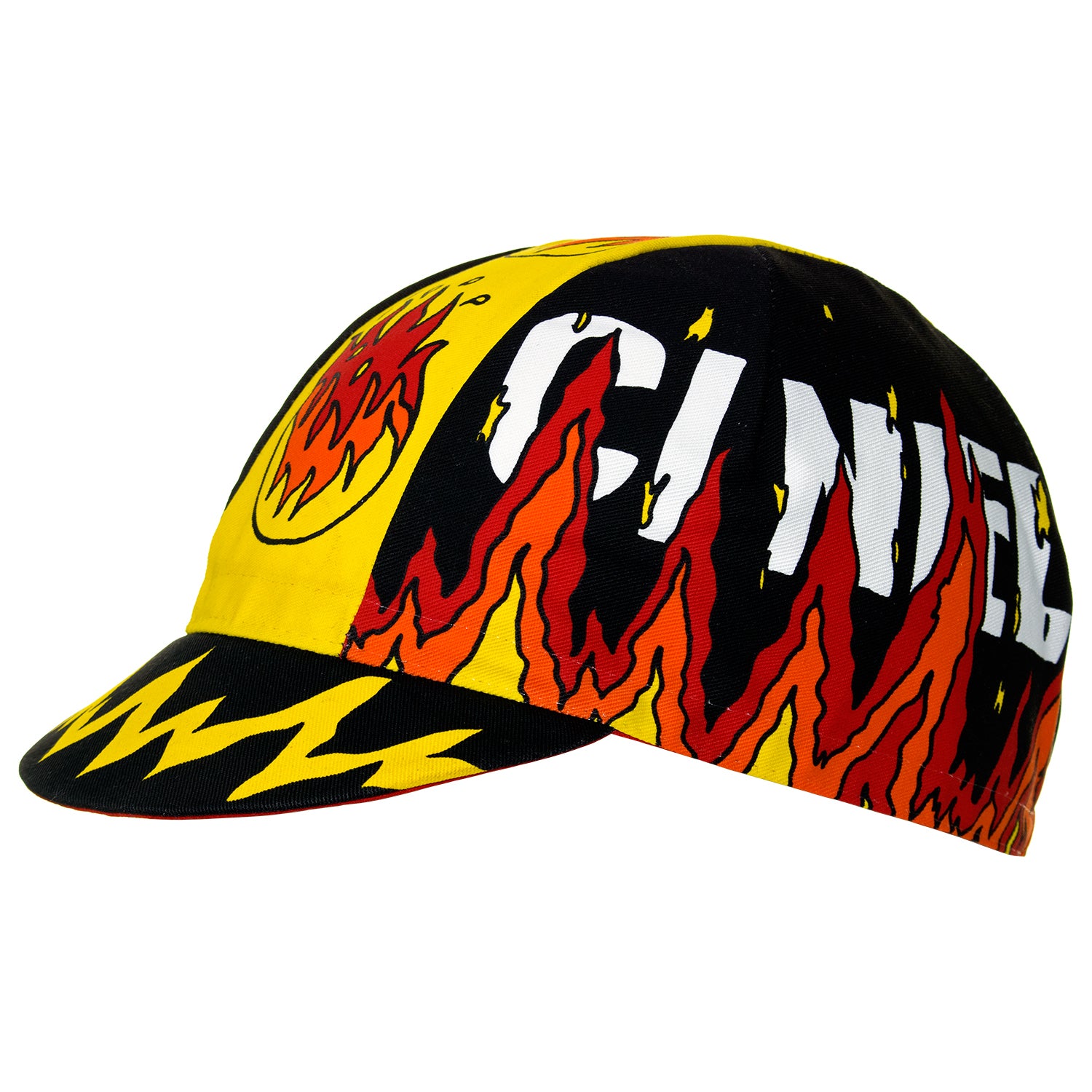 Side view of the Cinelli Ana Benaroya Fire Cotton Cycling Cap, showing the Stunning yellow, orange, red and black design.