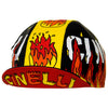 Peak up view of the Cinelli Ana Benaroya Fire Cotton Cycling Cap, showing the underside of the peak with Cinelli printed in yellow/orange against red.