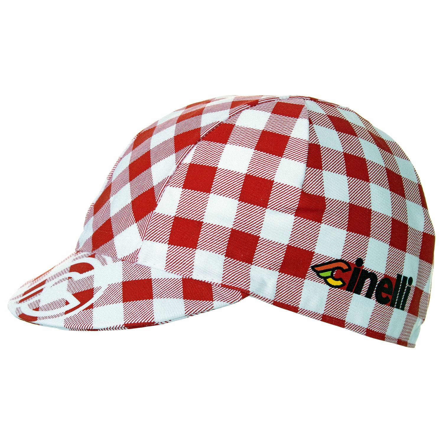 Side view of the Cinelli Ciao Italia Cotton Cycling Cap.  A white Winged C logo is printed on the peak with Cinelli printed in colour on each side.
