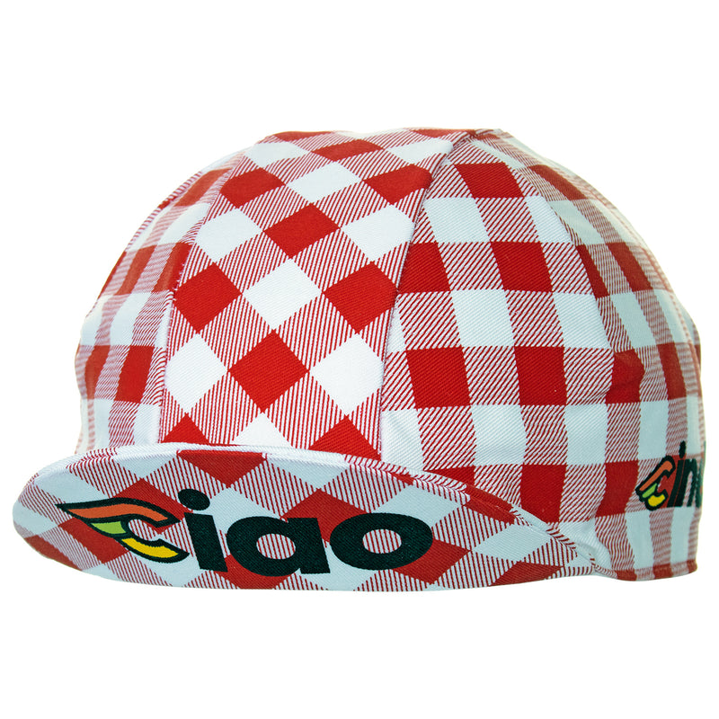 Side view of the Cinelli Ciao Italia Cotton Cycling Cap.  A white Winged C logo is printed on the peak with Cinelli printed in colour on each side.