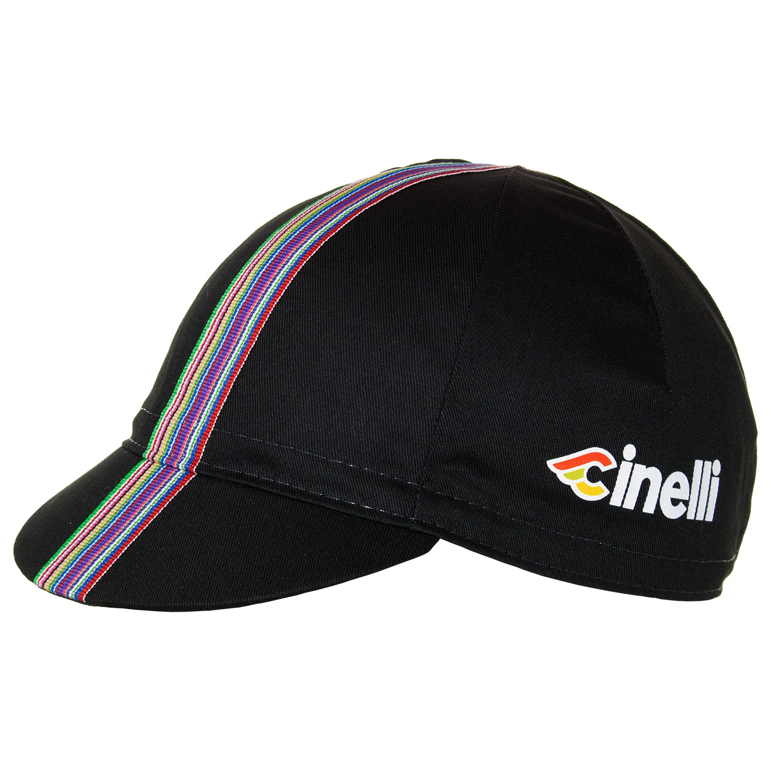 Side of the Cinelli Ciao Black Cotton Cycling Cap. The Cinelli logo is printed on the side and that wonderful multicoloured woven twill ribbon down the centre.