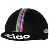 Peak up view of the Cinelli Ciao Black Cotton Cycling Cap, with the Cinelli-inspired CIAO logo on underside.