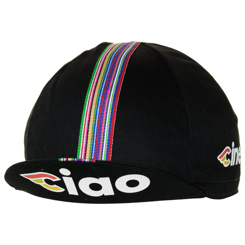 Side of the Cinelli Ciao Black Cotton Cycling Cap. The Cinelli logo is printed on the side and that wonderful multicoloured woven twill ribbon down the centre.