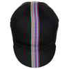 Front of the Cinelli Ciao Black Cotton Cycling Cap, showing the multicoloured woven twill ribbon down the centre of the cap that continues onto the peak.