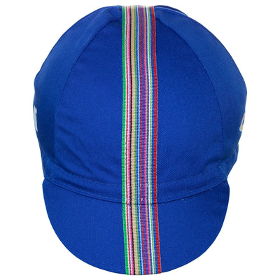 Front of the Cinelli Ciao Blue Cotton Cycling Cap, showing the multicoloured woven twill ribbon down the centre of the blue cap that continues onto the peak.