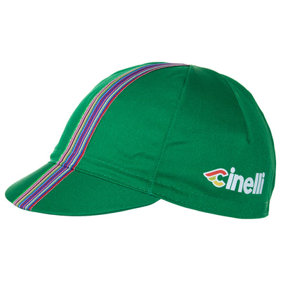 Side of the Cinelli Ciao Green Cotton Cycling Cap. The Cinelli logo is printed on the side and that wonderful multicoloured woven twill ribbon down the centre.