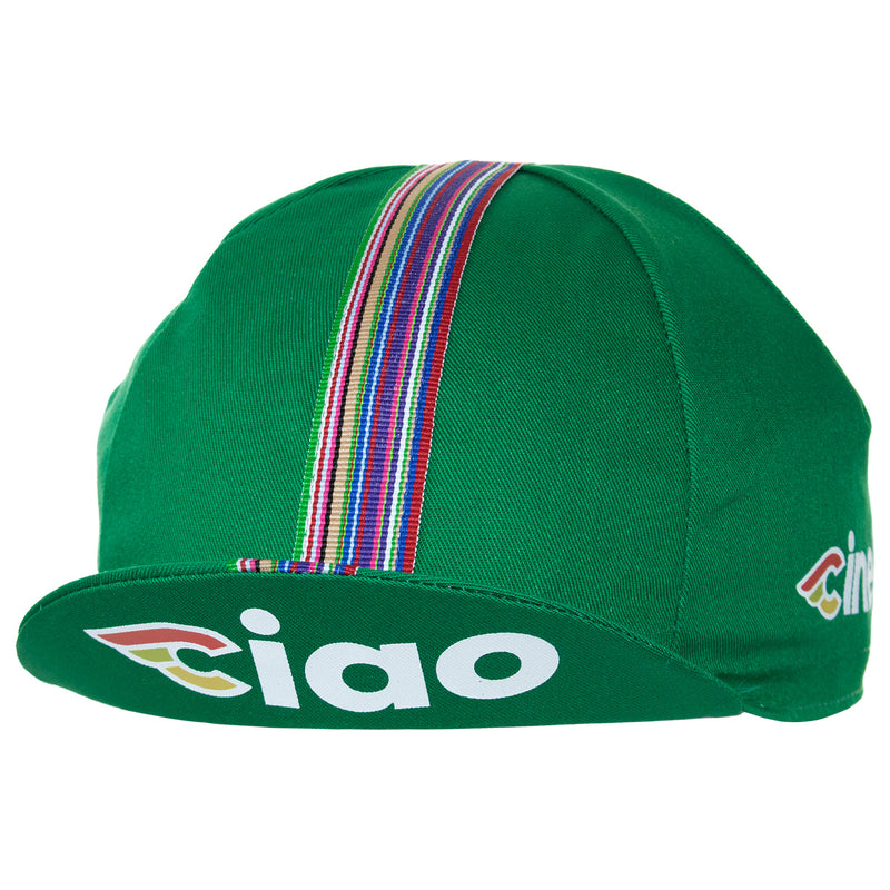 Side of the Cinelli Ciao Green Cotton Cycling Cap. The Cinelli logo is printed on the side and that wonderful multicoloured woven twill ribbon down the centre.