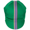 Front of the Cinelli Ciao Green Cotton Cycling Cap, showing the multicoloured woven twill ribbon down the centre of this green cycling cap that continues onto the peak.