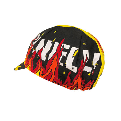 Alternative side view of the Cinelli Ana Benaroya Fire Cotton Cycling Cap, showing the white Cinelli logo in amongst the flames.