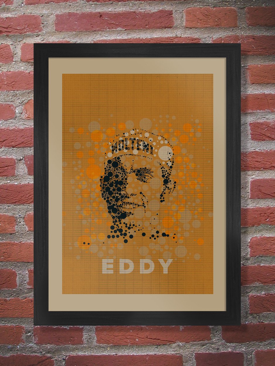  Eddy Merckx cycling poster which highlights is unrivalled record in the Grand Tours. The image celebrates Eddy's years racing with the iconic Molteni cycling team. Eddy of course would go on to win multiple Grand Tour and one-day classics victories.ginal artwork from The Northern L
