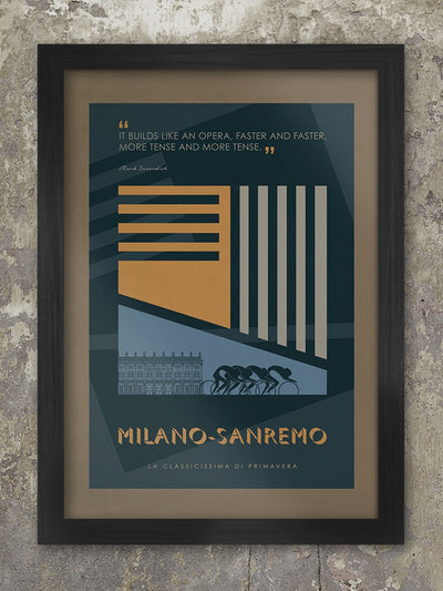 Milano-Sanremo Cycling Poster Print - The Monuments. Milano-Sanremo is the 'Spring Classic' and the longest of the five Monuments with a current distance of 298km. The design reflects the fact that its known as a sprinters classic. Mainly flat and was conceived as a straightforward line from Milan to Sanremo on the Italian Riviera. The poster includes a quote from 2009 winner - Mark Cavendish. One of a series of five which also includes Paris-Roubaix, Tour of Flanders, Liege-Bastogne-Liege and Lombardia.